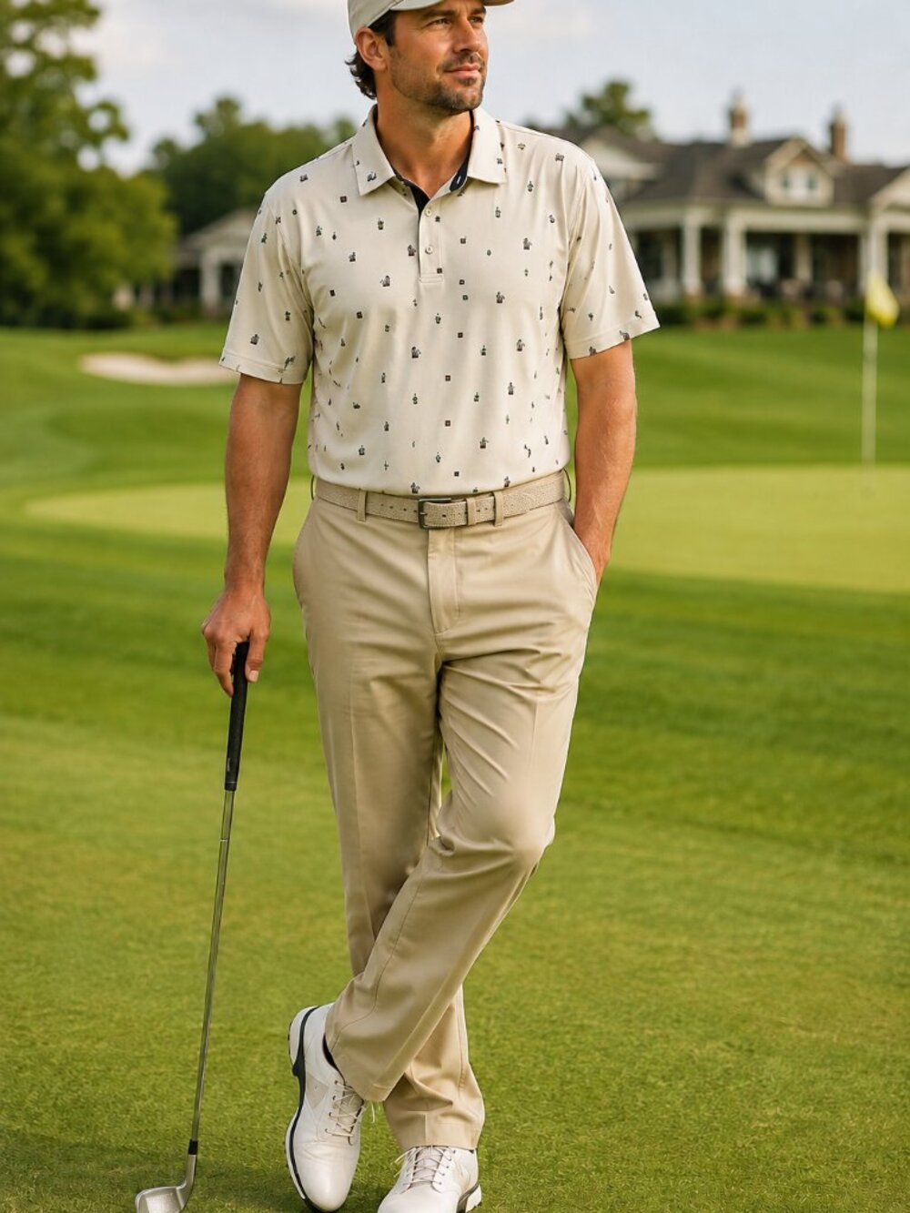 Scales Men’s Cream Novelty Print Golf Polo Shirt Large